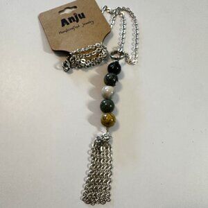 ANJU Banjara Unakite Tassel Necklace • Antiqued Silver, 30″